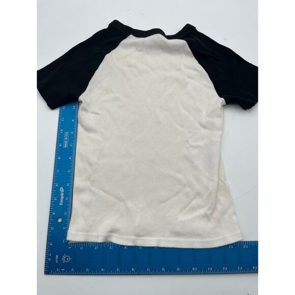 PAC sun ringer, black, white, short sleeve crop shirt Sz M Y2K Stranger Things - Picture 1 of 4